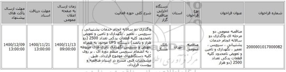 مناقصه عمومی دو مرحله ای واگذاری دو سالانه انجام خدمات پشتیبانی ، سرویس ، تعمیر ، نگهداری و تامین و تعویض نامحدود کلیه قطعات یدکی تعداد  2500 (دو هزار