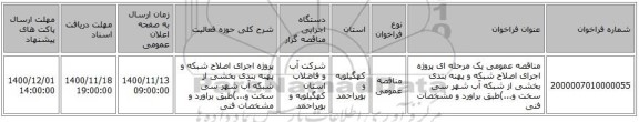 مناقصه عمومی یک مرحله ای پروژه اجرای اصلاح شبکه و پهنه بندی بخشی از شبکه آب شهر سی سخت  و...)طبق براورد و مشخصات فنی