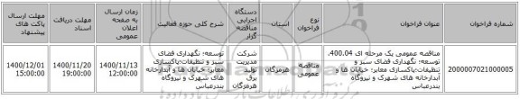 مناقصه عمومی یک مرحله ای 400.04، توسعه؛ نگهداری فضای سبز و تنظیفات؛پاکسازی معابر؛ خیابان ها و آبدارخانه های شهرک و نیروگاه بندرعباس 
