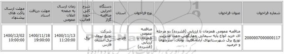 مناقصه عمومی همزمان با ارزیابی (فشرده) دو مرحله ای خرید انواع پایه سیمانی چهارگوش جهت مدیریت توزیع برق شهرستانهای آباده،اقلید، بوانات، سرچهان و خرمبید