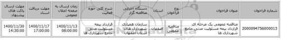 مناقصه عمومی یک مرحله ای قرارداد بیمه مسئولیت مدنی جامع شهرداری ها