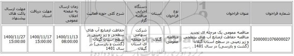 مناقصه عمومی یک مرحله ای تجدید مناقصه حفاظت ازمنابع آب های سطحی و زیر زمینی در سطح استان گیلان (گشت و بازرسی) در سال 1401