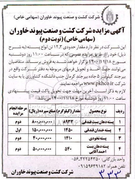مزایده مقدار حدودی 12.3 تن انواع پسته