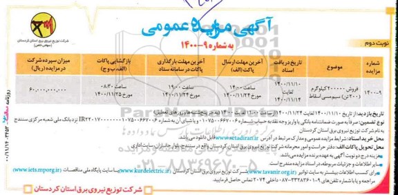 مزایده فروش 200000 کیلوگرم سیم مسی اسقاط - نوبت دوم