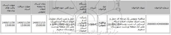 مناقصه عمومی یک مرحله ای حمل و نصب اجرای عملیات اصلاح شبکه آبرسانی آب شرب روستاهای دهکرد و علی آباد منطقه وردشت شهرستان سمیرم