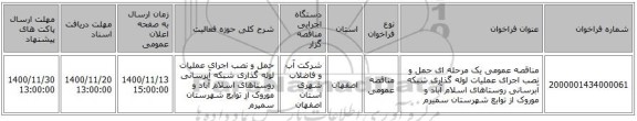 مناقصه عمومی یک مرحله ای حمل و نصب اجرای عملیات لوله گذاری شبکه آبرسانی روستاهای اسلام آباد و موروک از توابع شهرستان سمیرم