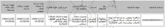مناقصه عمومی دو مرحله ای تهیه و اجرای اتصالات شبکه فرعی فاضلاب بیمارستان ثامن الائمه(ع)