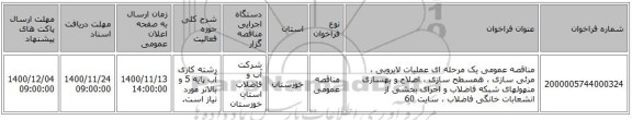 مناقصه عمومی یک مرحله ای عملیات لایروبی ، مرئی سازی ، همسطح سازی ، اصلاح و بهسازی منهولهای شبکه فاضلاب و اجرای بخشی از انشعابات خانگی فاضلاب ، سایت 60