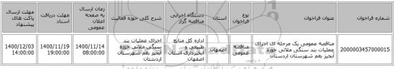مناقصه عمومی یک مرحله ای اجرای عملیات بند سنگی ملاتی حوزه آبخیز بغم شهرستان اردستان