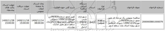 مناقصه عمومی یک مرحله ای طبق مجوز شماره99/830ش مورخ1399/12/24 شورای اسلامی شهر پروژه اجرای پازل سطح شهر