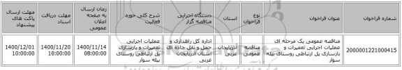 مناقصه عمومی یک مرحله ای  عملیات اجرایی تعمیرات و بازسازی پل ارتباطی روستای بیله سوار ‏‏‏‏