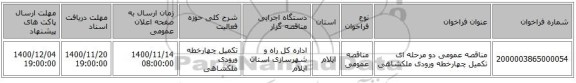مناقصه عمومی دو مرحله ای تکمیل چهارخطه ورودی ملکشاهی