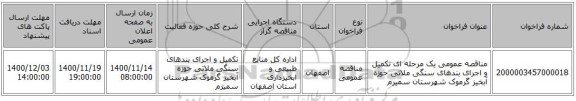 مناقصه عمومی یک مرحله ای تکمیل و اجرای بندهای سنگی ملاتی حوزه آبخیز گرموک شهرستان سمیرم