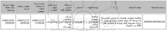 مناقصه عمومی همزمان با ارزیابی (فشرده) یک مرحله ای پروژه عملیات اجرایی پایدار سازی محدوده های ورودی و خروجی تونل 850 سد کارون3