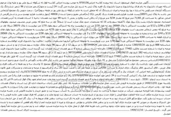 آگهی مزایده  96 شعیر ششدانگ یک دستگاه آپارتمان مسکونی