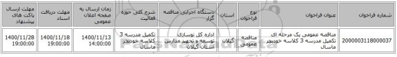 مناقصه عمومی یک مرحله ای تکمیل مدرسه 3 کلاسه خودبچر ماسال