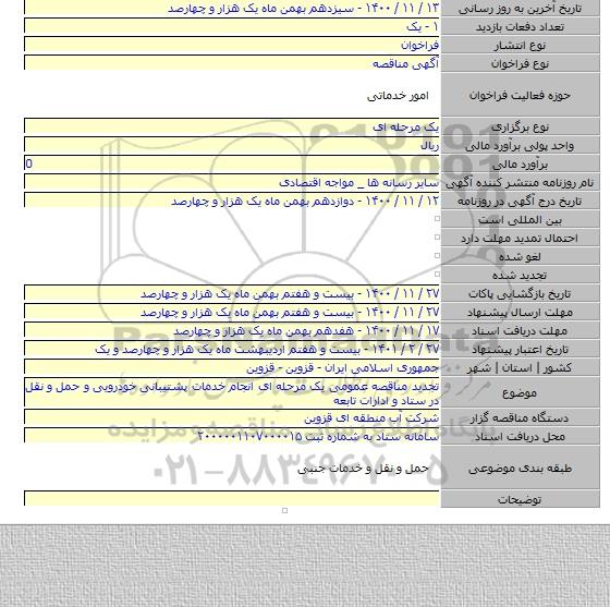 تجدید مناقصه عمومی یک مرحله ای انجام خدمات پشتیبانی خودرویی و حمل و نقل در ستاد و ادارات تابعه