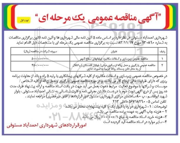 مناقصه زیرسازی و آسفالت مکانیزه خیابانهای سطح شهر...