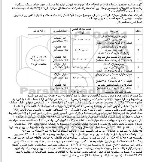 مزایده فروش انواع لوازم یدکی خودروهای سبک سنگین....