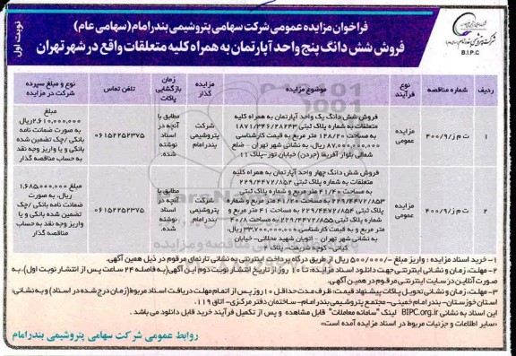 مزایده، مزایده فروش ششدانگ پنج واحد آپارتمان به همراه کلیه متعلقات