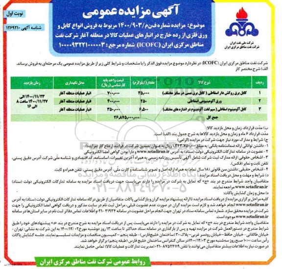 مزایده فروش انواع کابل و ورق فلزی از رده خارج