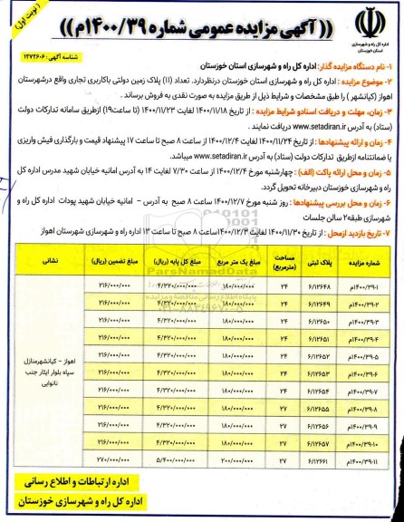 مزایده، مزایده فروش تعداد (11) پلاک زمین دولتی با کاربری تجاری