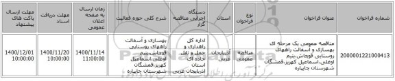 مناقصه عمومی یک مرحله ای بهسازی و آسفالت راههای روستایی قوچاش،یتیم اوغلی،اسماعیل کهریز،قمشگان شهرستان چایپاره  