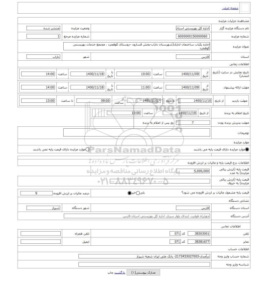 مزایده ، اجاره یکباب ساختمان اداری(شهرستان داراب-بخش فسارود –روستای کوهجرد ، مجتمع خدمات بهزیستی کوهجرد