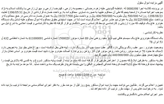 مزایده فروش یک دستگاه خودرو هاچ بک