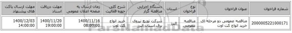 مناقصه عمومی دو مرحله ای خرید انواع کت اوت