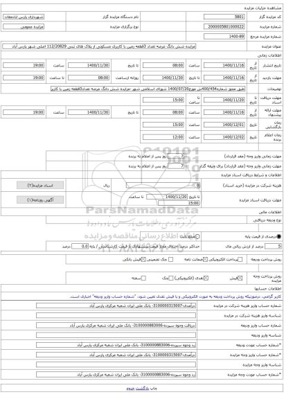 مزایده شش دانگ عرصه تعداد 3قطعه زمین با کاربری مسکونی از پلاک های ثبتی 112/20829 اصلی شهر پارس آباد