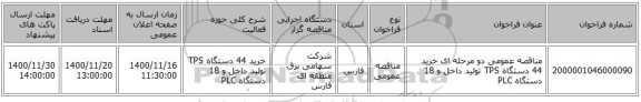مناقصه عمومی دو مرحله ای خرید 44 دستگاه TPS تولید داخل و 18 دستگاه PLC