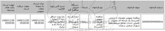 مناقصه عمومی همزمان با ارزیابی (فشرده) یک مرحله ای عملیات تکمیلی احداث تقاطع غیرهمسطح شهرک صنعتی سمنان