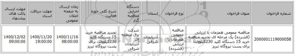 مناقصه عمومی همزمان با ارزیابی (فشرده) یک مرحله ای تجدید مناقصه خرید 15 دستگاه کلید 230کیلوولت برای پست نیروگاه تبریز