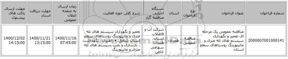 مناقصه عمومی یک مرحله ای تعمیر و نگهداری سیستم های تله متری و مانیتورینگ روستاهای سطح استان