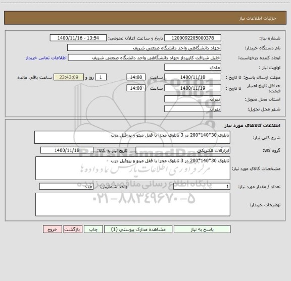 استعلام تابلوی 30*140*200 در 3 تابلوی مجزا با قفل میتو و پروفیل درب