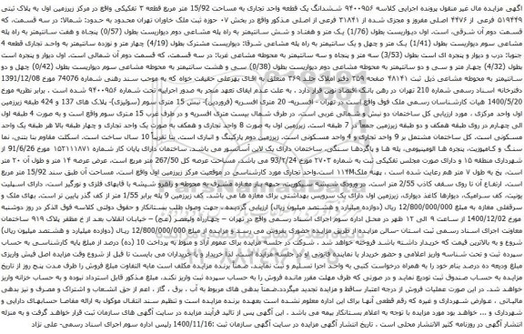 آگهی مزایده ششدانگ یک قطعه واحد تجاری به مساحت 15/92 متر مربع قطعه ۳ تفکیکی