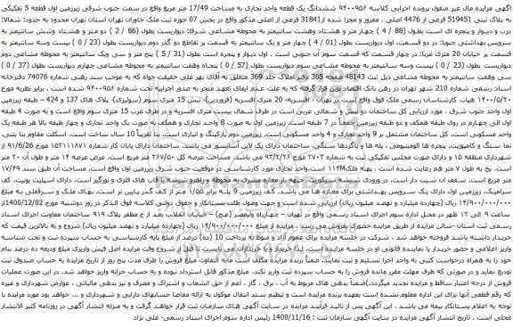 آگهی مزایده ششدانگ یک قطعه واحد تجاری به مساحت 17/49 متر مربع