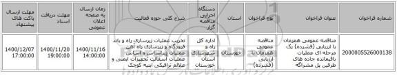 مناقصه عمومی همزمان با ارزیابی (فشرده) یک مرحله ای عملیات باقیمانده جاده های طرفین پل مشراگه