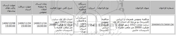 مناقصه عمومی همزمان با ارزیابی (فشرده) دو مرحله ای احداث فاز اول سایت مخازن 1012 شهر قرچک با ظرفیت 20000 متر مکعب همراه با تاسیسات جانبی