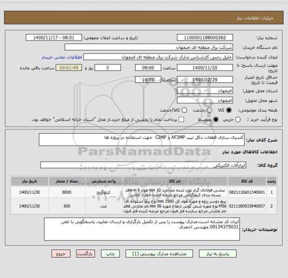 استعلام کسری سازی قطعات دکل تیپ AF2MP و C2MP  جهت استفاده در پروژه ها