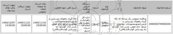 مناقصه عمومی یک مرحله ای لکه گیری راههای روستایی و فرعی(محورمحمودآباد- مغانسر، عربلو- حاج عوض، پارس آباد- گوشلو- راه روستایی قوشاقشلاقی)