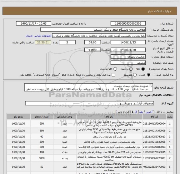 استعلام شوینده مطابق لیست پیوست
دستمال تنظیف عرض 100 سانت و متراژ 1000متر و پلاستیک زباله 1000 کیلو و طبق فایل پیوست مد نظر مرکز میباشد 
