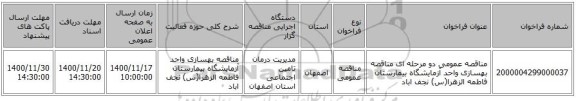 مناقصه عمومی دو مرحله ای مناقصه بهسازی واحد آزمایشگاه بیمارستان فاطمه الزهرا(س) نجف اباد