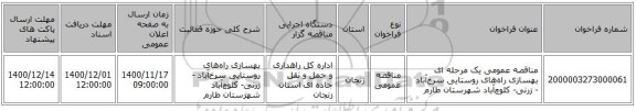 مناقصه عمومی یک مرحله ای بهسازی راه‌های روستایی سرخ‌آباد - زرنی- کلوچ‌آباد شهرستان طارم