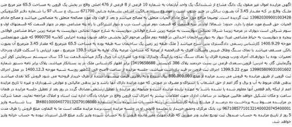 آگهی مزایده ششدانگ یک واحد آپارتمان به شماره 10 فرعی از 8 فرعی از 476 اصلی