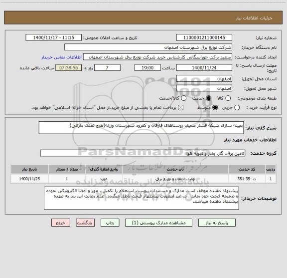 استعلام بهینه سازی شبکه فشار ضعیف روستاهای فارفان و کفرود شهرستان ورزنه(طرح تملک دارائی)
