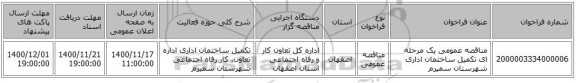 مناقصه عمومی یک مرحله ای تکمیل ساختمان اداری شهرستان سمیرم