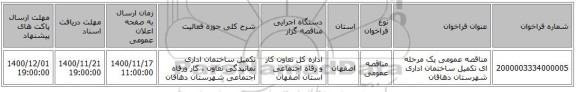 مناقصه عمومی یک مرحله ای تکمیل ساختمان اداری شهرستان دهاقان