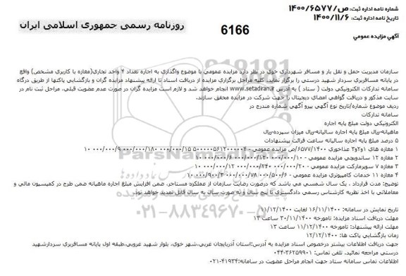 مزایده اجاره تعداد 4 واحد تجاری